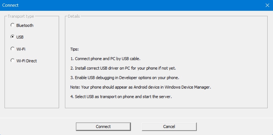 Select USB as transport type in WO Mic Client on a Windows device.