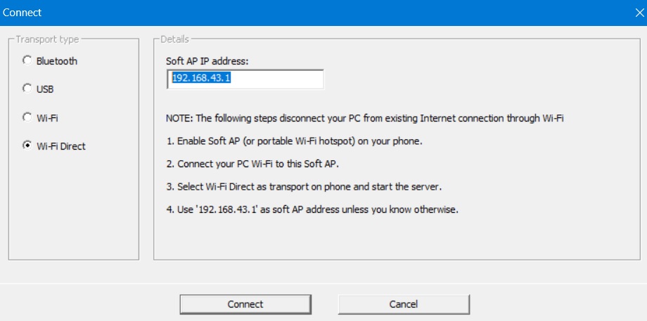 Wi-Fi Direct chosen as transport mode in WO Mic Client in Windows.