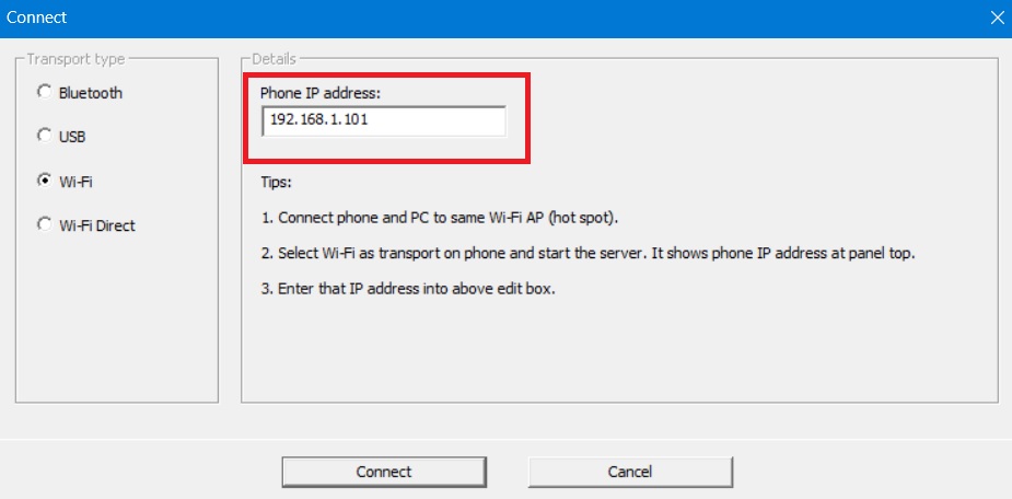 Note the phone IP address for WO Mic client on Windows PC