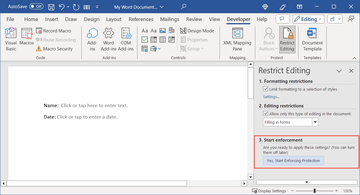 Start Enforcing Protection button in Word