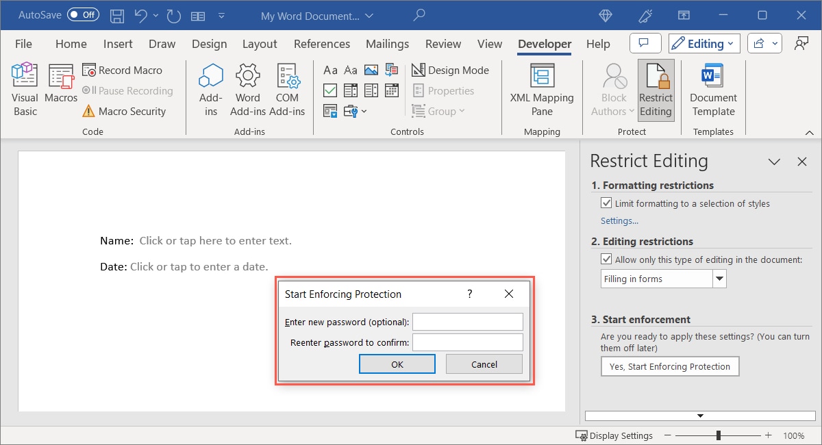 Start Enforcing Protection password box