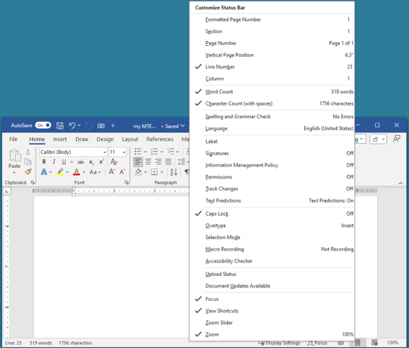 Status Bar options in Word