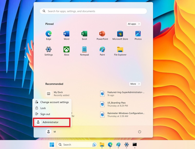 Accessing Super administrator account from the Start menu by clicking user account.