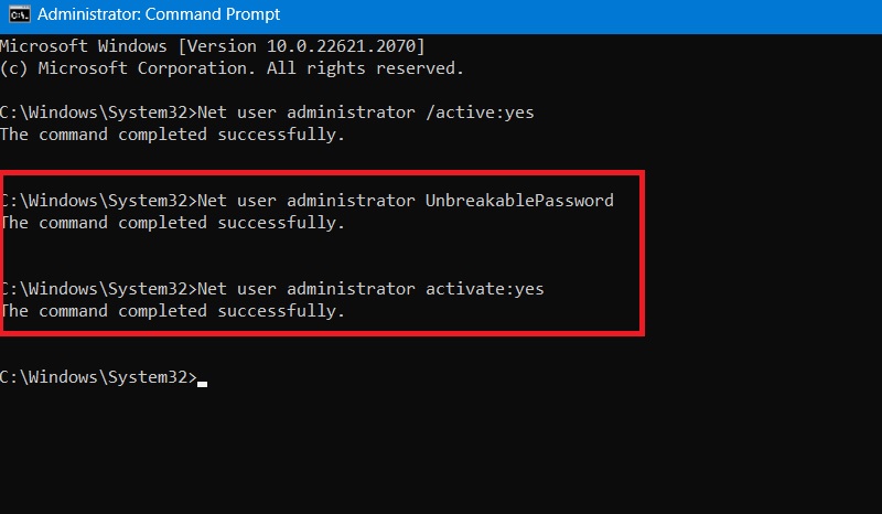 Adding password to super administrator account in Command Prompt and activating the account.