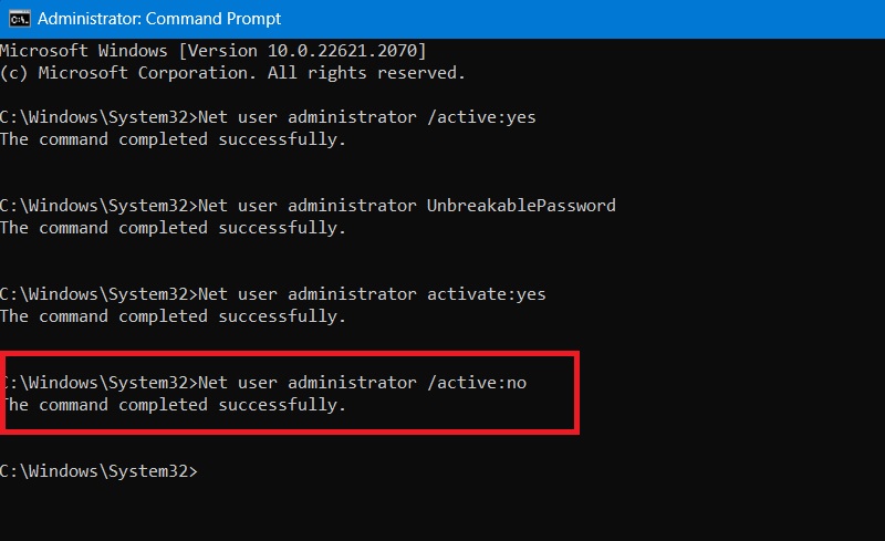 super-admin-cmd-disable Disable super administrator account in the Command Prompt.