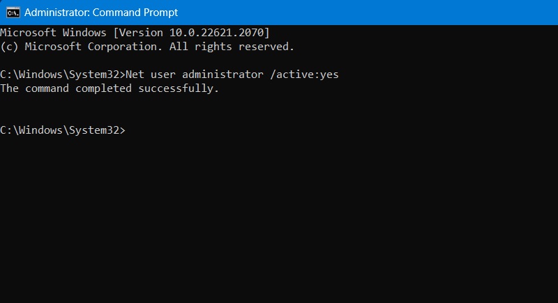 Net user admin account is made "Active" and "Yes" in Command Prompt.