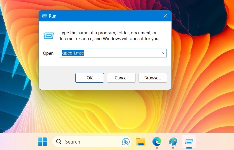 Open Local Group Policy Editor from Run command by typing "gpedit.msc."