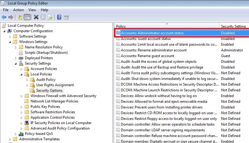 Super Administrator account shown as disabled in Local Group Policy Editor.