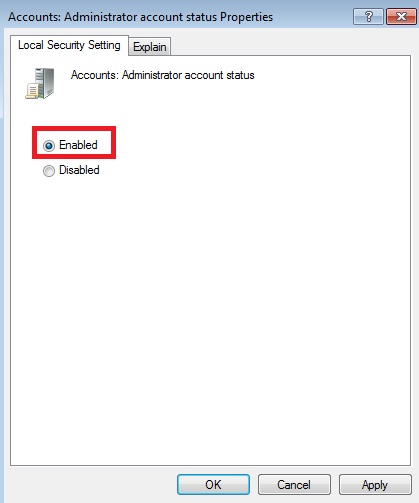 Enabling super administrator account in Local Group Policy Editor.