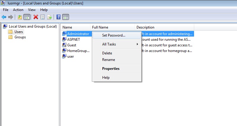 super-admin-set-password Right click on Super Administrator account to set a password inside Lusmgr.