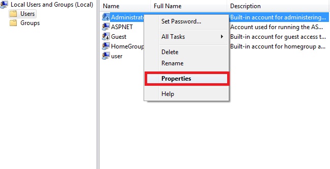 super-admin-user-properties Right-clicking on Super administrator account to select its "Properties."