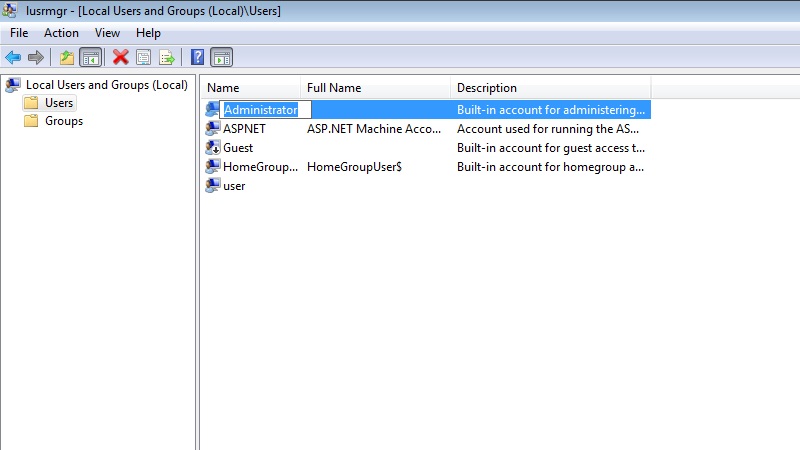 super-admin-enabled Super Administrator account visible as "Enabled" in Lusmgr.