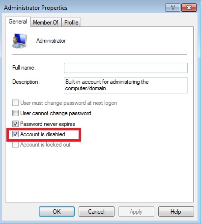super-admin-enable Uncheck "Account is disabled" for Super administrator using Lusmgr.msc.