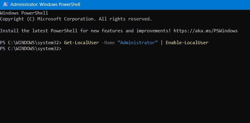 Enable Super administrator account in PowerShell window.