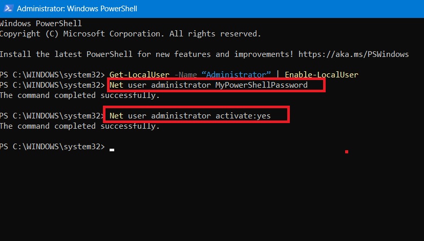 Set password and account activation using PowerShell for super administrator account.