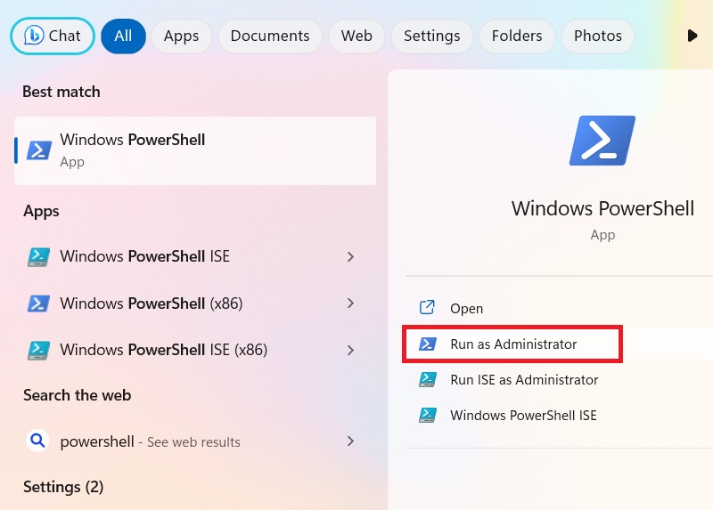 Run PowerShell as administrator in Windows 11 from search box.