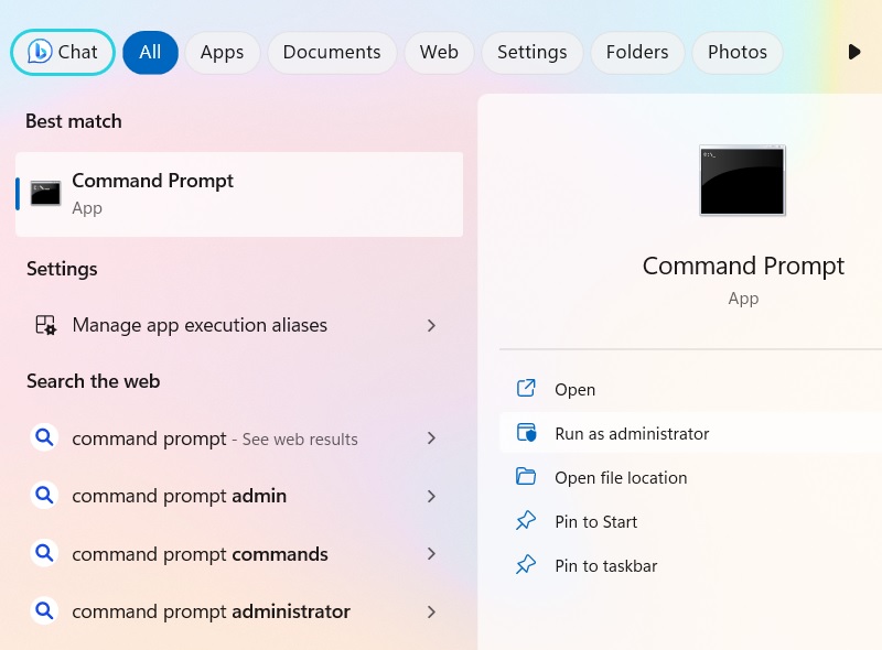 Opening Command Prompt using search box.