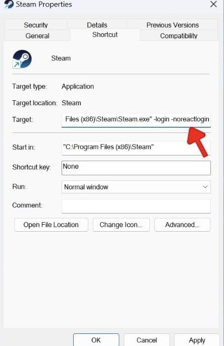 Modifying Steam's Target field in Properties window.