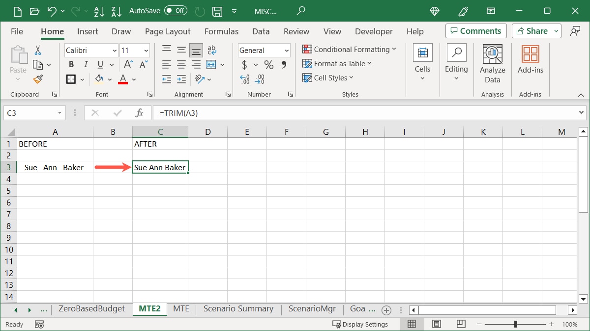 Trimmed Spaces in Excel