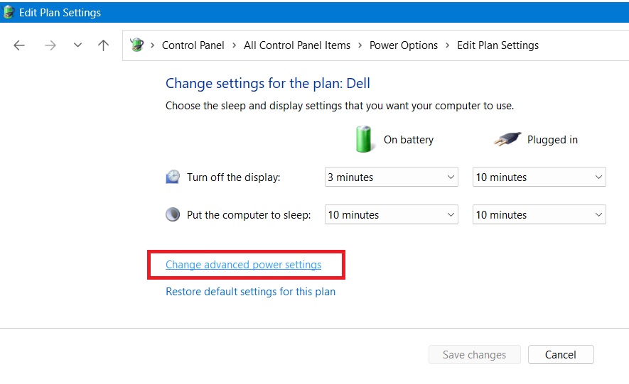 Clicking "Change advanced power asettings" in Control Panel.