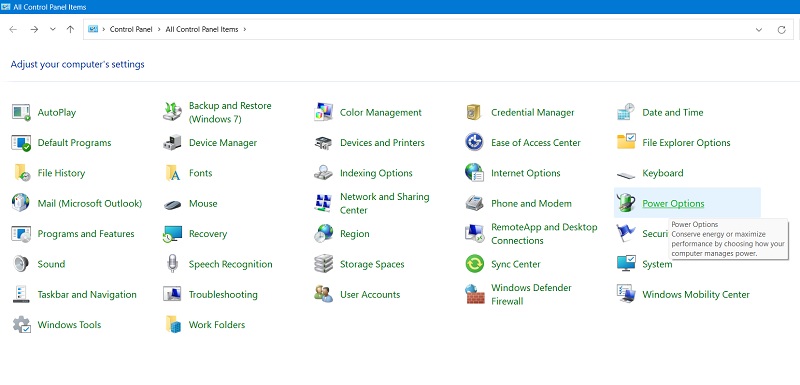 Clickig "Power Options" in Control Panel.