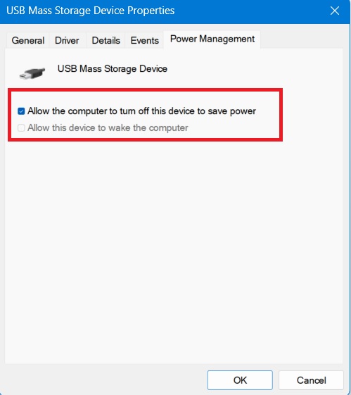 Allow USB drive to turn off is enabled and should be disabled.