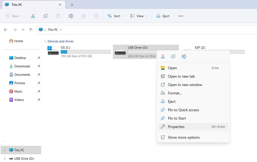 Right click on USB drive to select its "Properties."