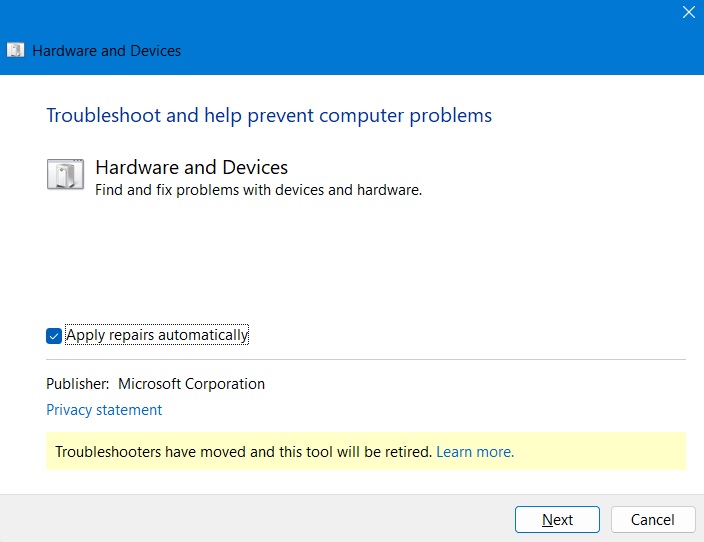 Apply repairs automatically to hardware and devices in troubleshooter.