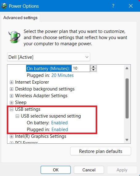 USB Selective Suspend Settings kept as "Enabled" by default.