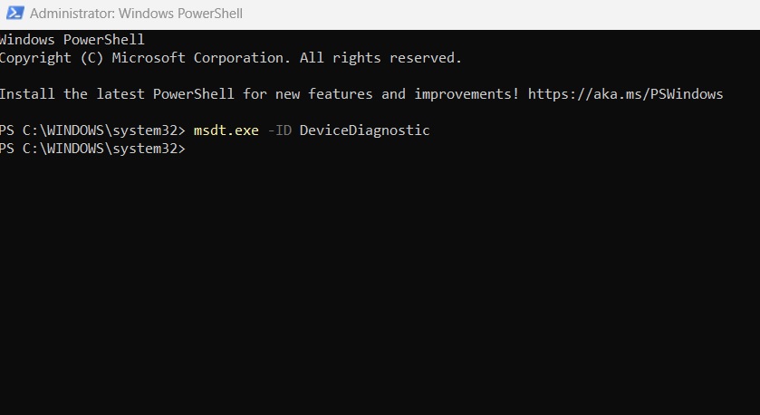 Running Device Diagnostic command in PowerShell window.