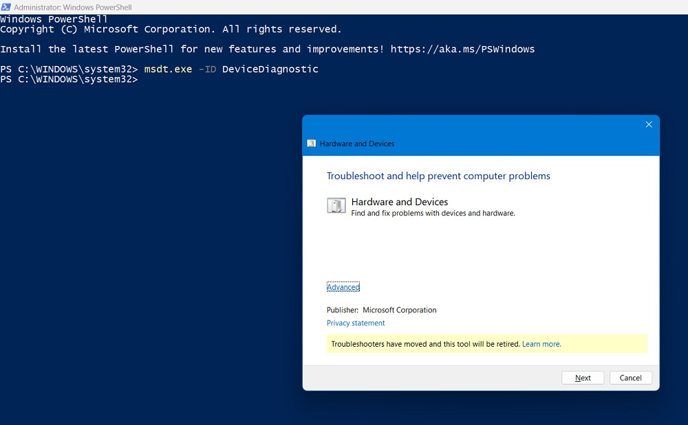 Hardware and Devices Troubleshooter running inside Windows PowerShell.