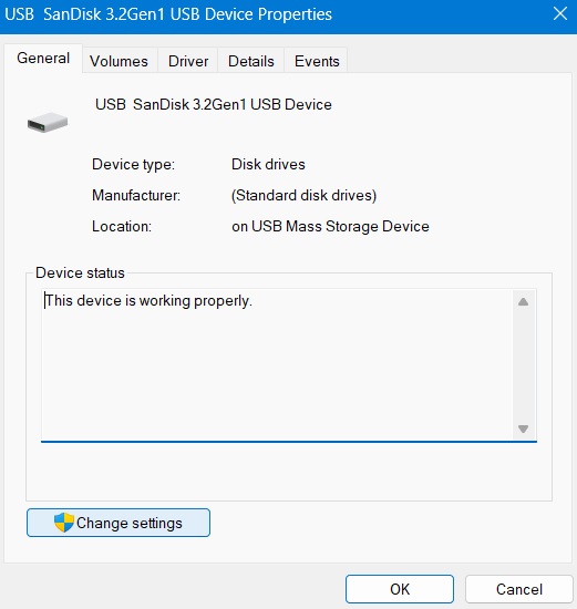 Clicking "change settings" under USB device properties.
