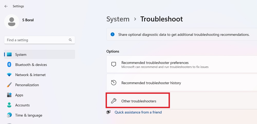 Opening "Other troubleshooting" section in Windows Settings.  
