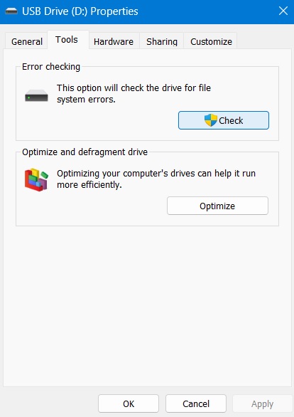 Click the "Check" button for Error checking under USB Properties