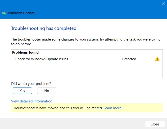 Windows Update Troubleshooter has detected the problems on your device.
