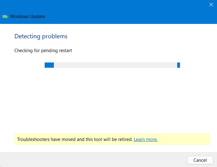 Windows Update troubleshooter detecting any pending problems.