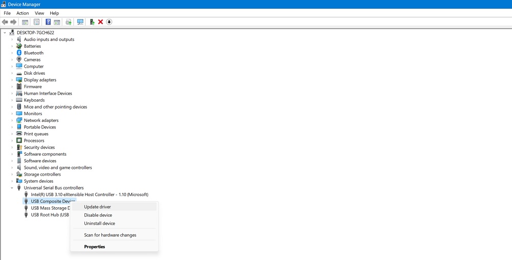 Right-click to select "Update driver" in USB device manager.