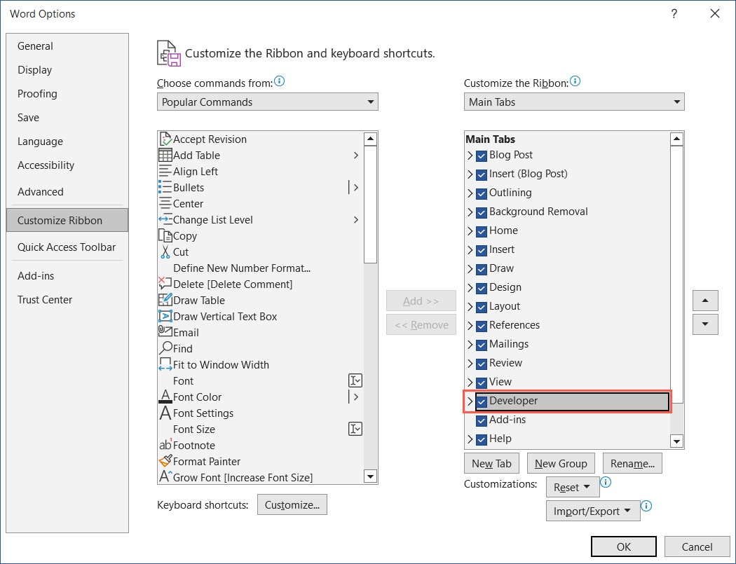 Word Options with Developer checked
