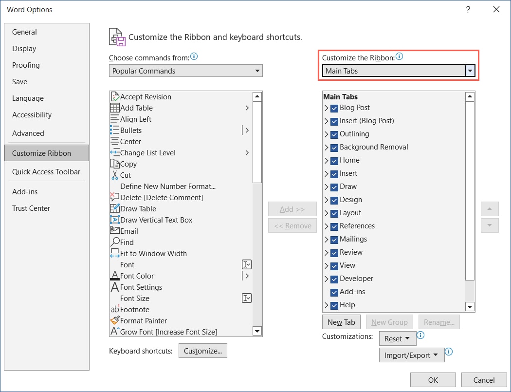 Word Options with Main Tabs selected