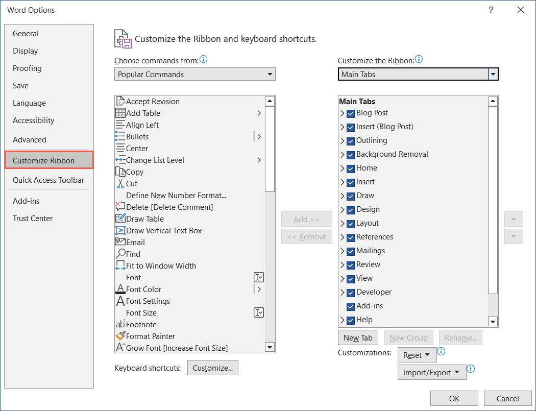 Word Options with Customize Ribbon selected