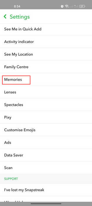 Accessing "Memories" settings in Snapchat app.