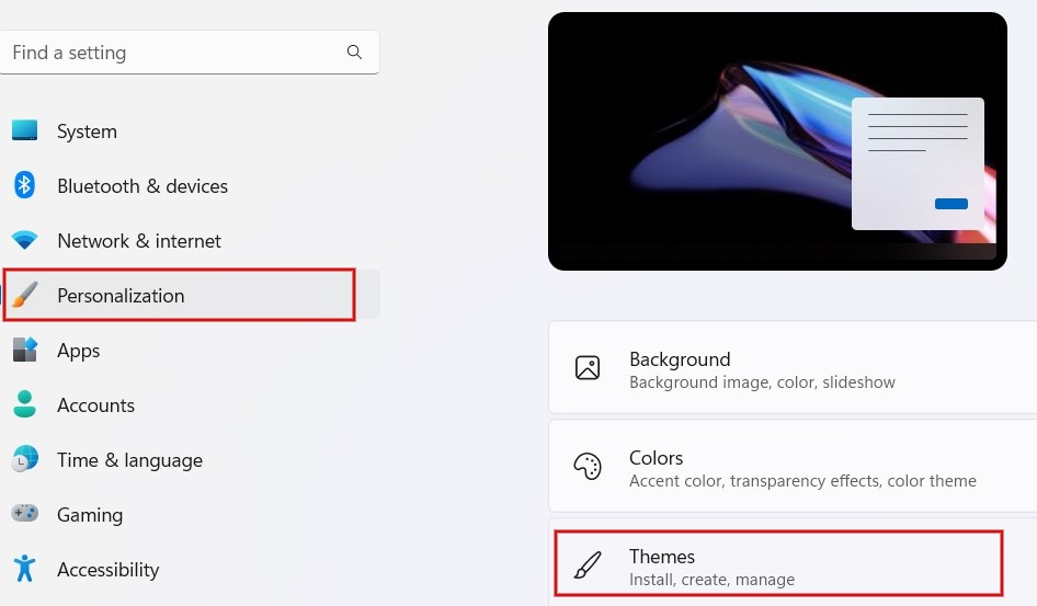Click "Personalization" on left pane and click "Themes" on right pane in Windows Settings.