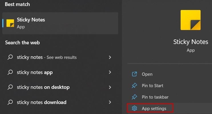 Clicking on "App settings" button for Sticky Notes in Windows Search. 