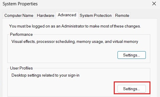 Clicking "Settings" button under "User profiles" in System Properties.