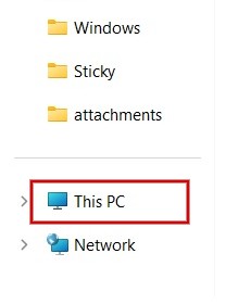 Clicking "This PC" in File Explorer.