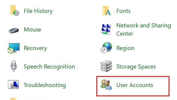 Clicking "User Accounts" in Control Panel. 
