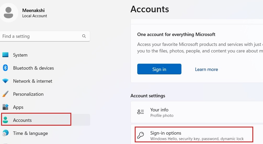 Clicking "Sign-in options" under Accounts in Windows Settings.