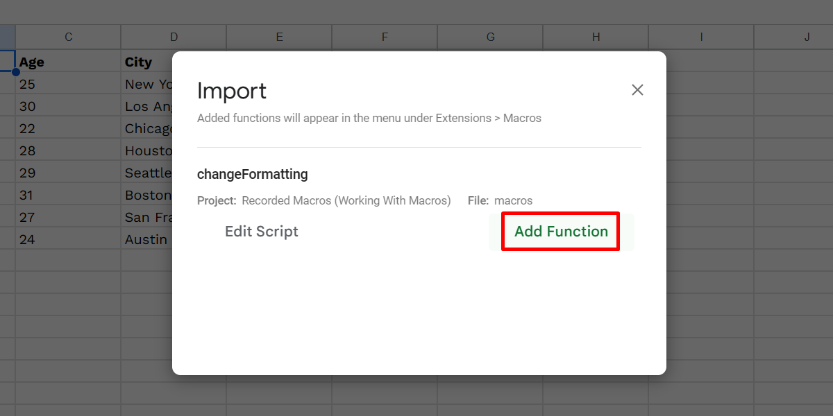 Clicking the "Add Function" button to import a macro to Google Sheets
