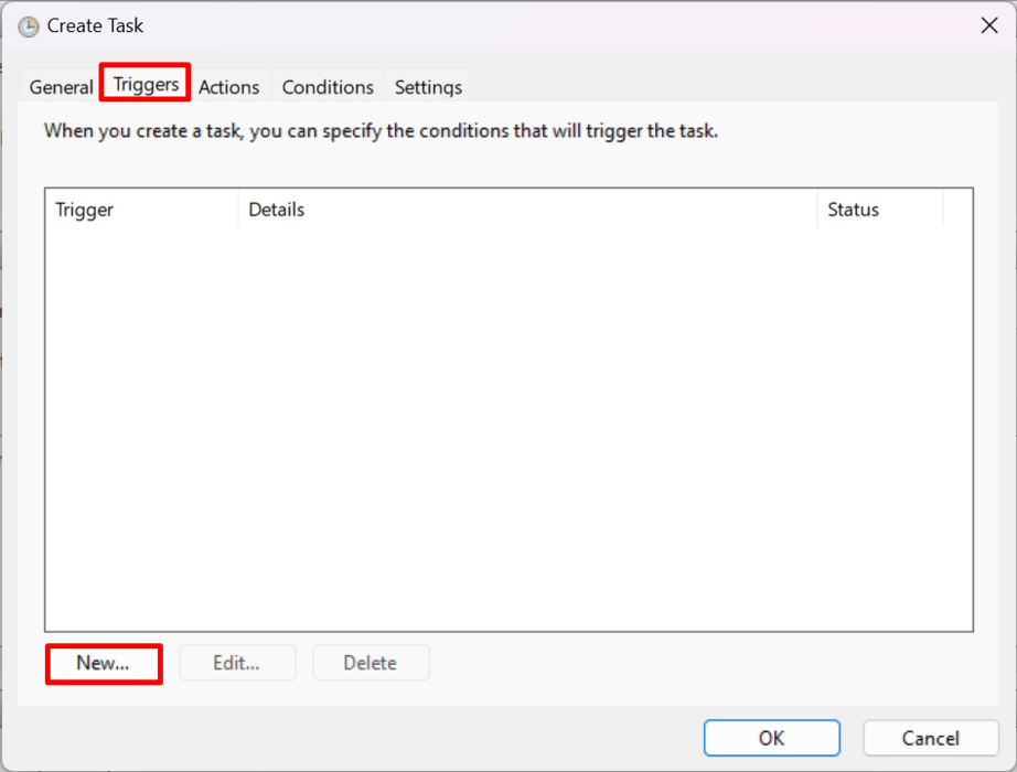 Switching to "Triggers" tab in Task Scheduler and clicking "New" button. 