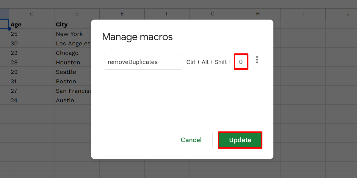 Creating a macro shortcut in Google Sheets